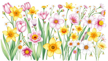 Bright floral illustration showcasing a variety of spring flowers including daffodils and lilies copy space