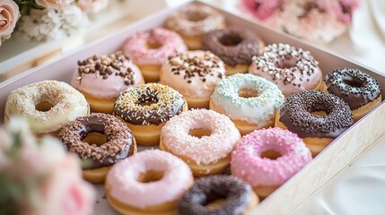 Assorted donuts in a box, various sprinkles & icings. Perfect for bakery, food, or party themes.