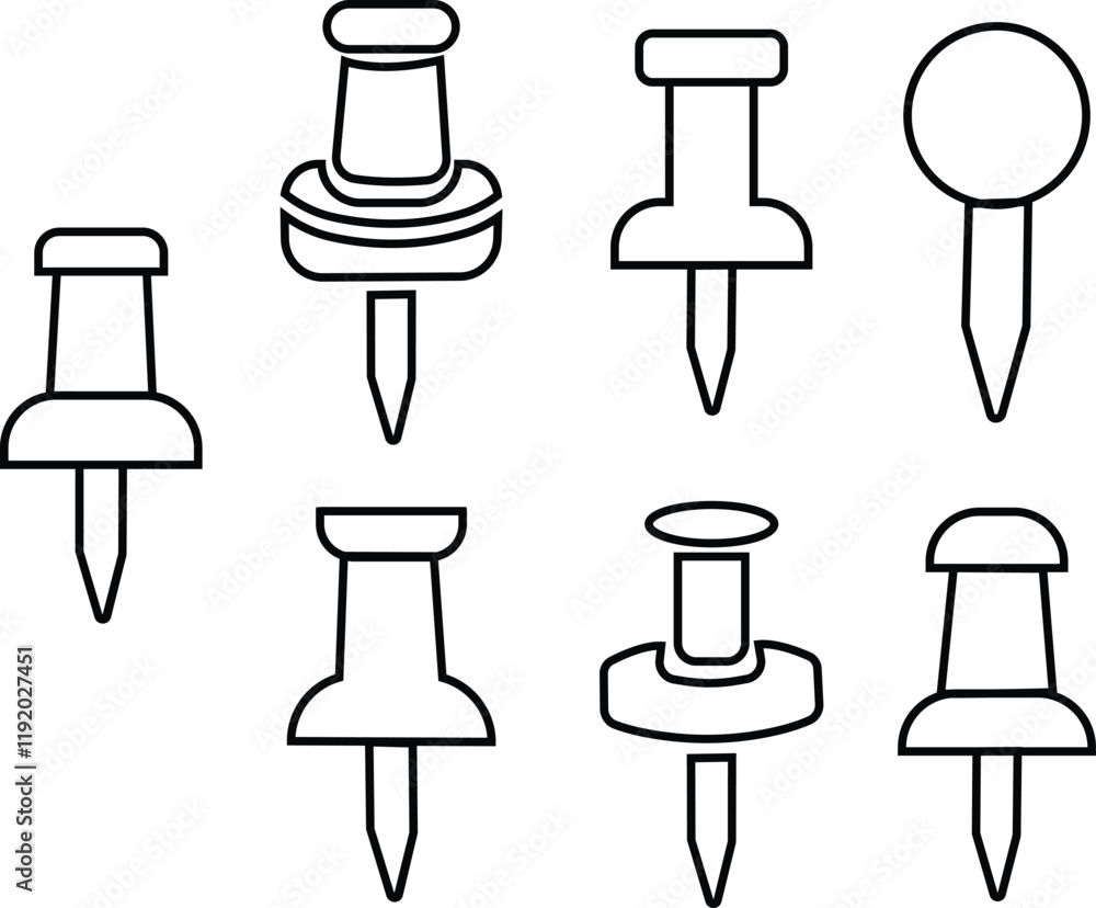 Poster push pin icons set outline styles. thumbtack for note attach. paperclip symbol illustration. a needl
