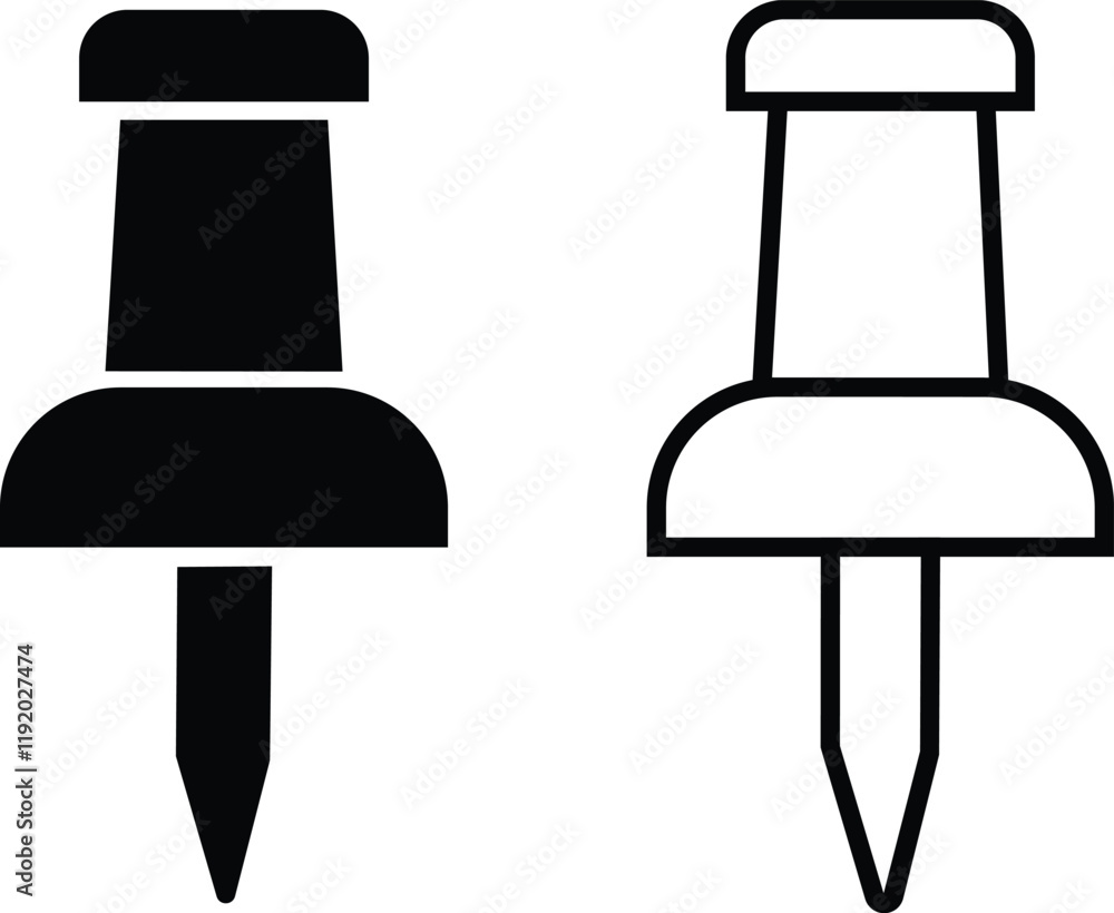 Poster push pin icons set in flat and outline styles. thumbtack for note attach. paperclip symbols. a needl