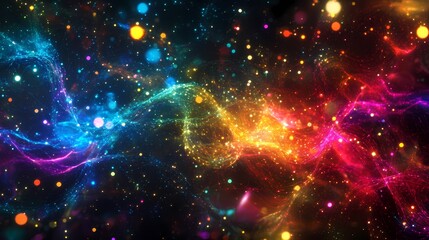 Naklejka premium Colorful Abstract Background with Glowing Particles and Ethereal Light Waves Creating a Dreamy and Enchanting Visual Experience in a Cosmic Environment