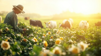Fototapeta premium Farmer tending crops at sunrise with cows grazing in the background, showcasing rural life and agriculture.
