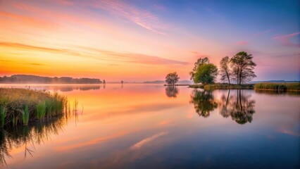 Soft pink and orange hues illuminate a serene lake landscape at dawn, sunrise, lake, sunrise,lake