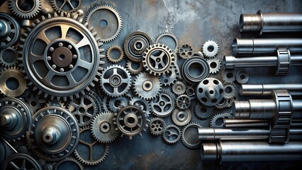 Industrial machinery with metallic pipes and gears laid on a dark background, creating an abstract texture with various shades of grey and silver , gear, dark background