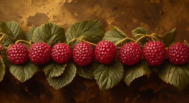 A row of fresh raspberries resting on green leaves against a textured background.