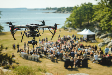 A drone capturing aerial footage of an event