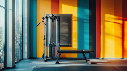 Vibrant Gym Interior with Weight Machine and Bench