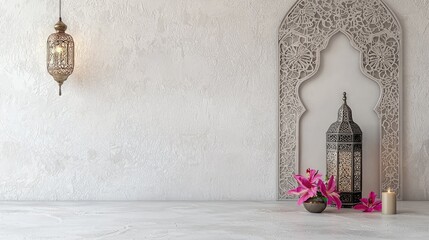 Elegant Moroccan interior design with lanterns, flowers, and candle