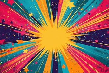 Vibrant burst of colorful rays, stars, and paint splatters. Perfect background for celebratory designs, adding energy and excitement.