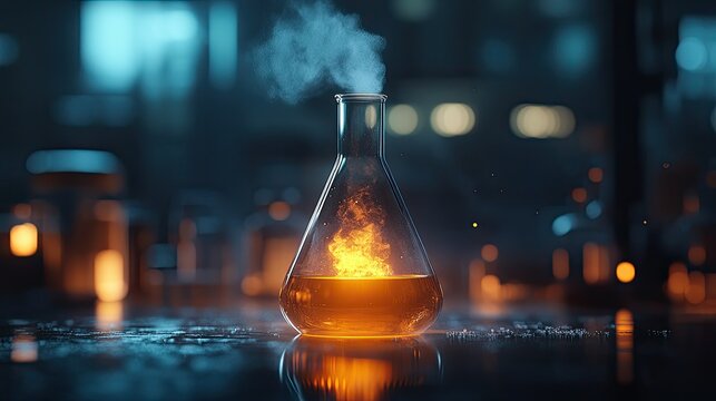 A lone Erlenmeyer flask glows with an inner fire, emitting smoke in a dimly lit laboratory, hinting at an ongoing experiment or discovery.