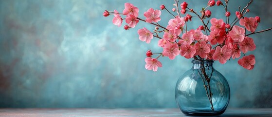 Delicate pink blossoms in a blue vase.
