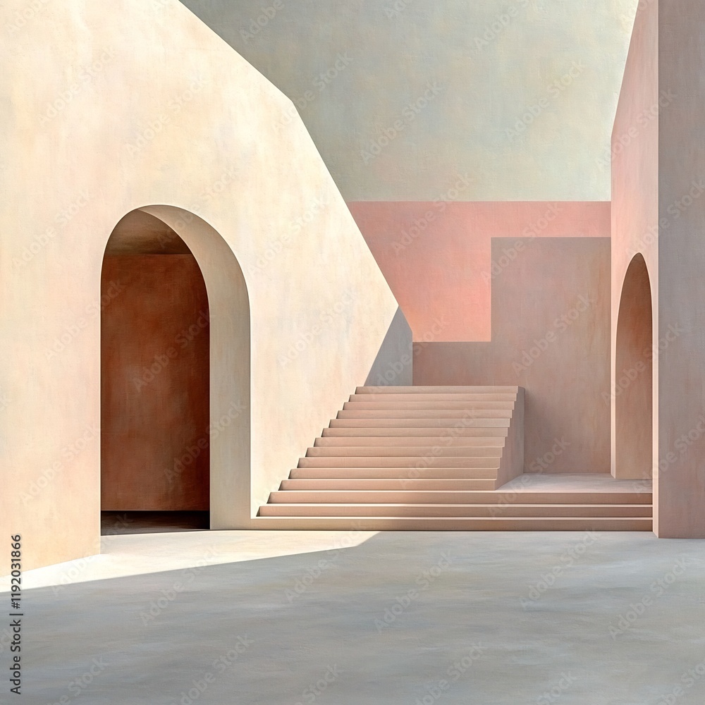 Poster minimalist architectural passage showcasing a pastel gradient setting transitioning from delicate bl
