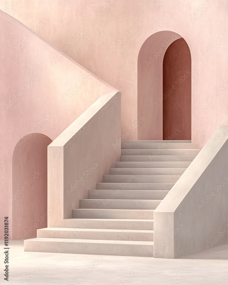 Poster sophisticated pastel gradient scene with a minimalist architectural environment featuring geometric 