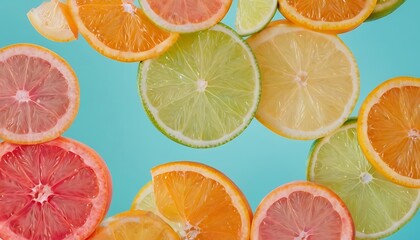 Obraz premium Close-up of Colorful Citrus Fruit Slices - Lemon, Lime, Orange, Grapefruit - Healthy Food Background,Vibrant close-up of assorted dried citrus fruit slices including grapefruit, orange, and lime in a,
