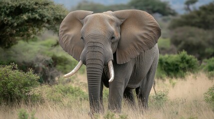 Fototapeta premium A large elephant is walking through a grassy field