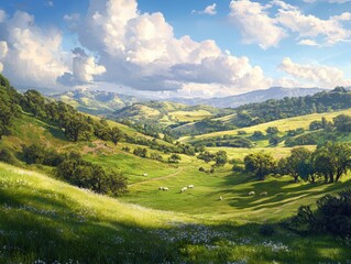 Fototapeta premium Tranquil grazing scene rolling hills countryside nature photography daytime serenity in the landscape