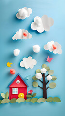 Colorful Children's Handmade Craft Depicting A Quaint House, Tree and Clouds