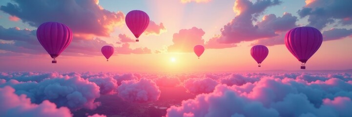 Fototapeta premium Sunrise panorama, vibrant pink & blue balloons ascending, freedom, nature