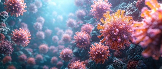 Naklejka premium Microscopic view of viral structures in water.