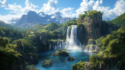 Majestic waterfall cascading through lush greenery in a serene natural paradise landscape photography daytime scenic viewpoint