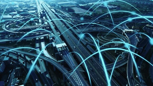 Smart digital city highway with globalization graphic of connection network abstract line . Concept of future 5G smart wireless digital city and social media networking systems .