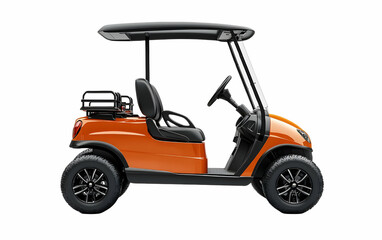 Orange golf cart studio shot, white background