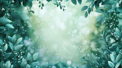 Lush green leaves frame a bright, blurred background; ideal for nature-themed designs