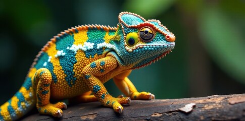 Obraz premium Vibrant yellow & blue Panther chameleon, isolated , wildlife, exotic