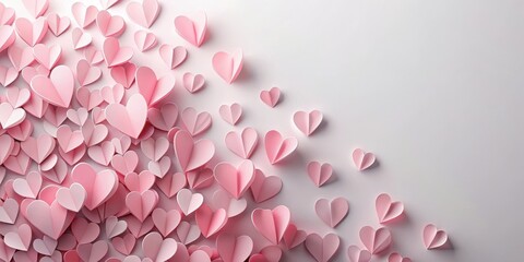 Obraz premium Delicate Pink Paper Valentine Hearts scattered on a soft white background with a subtle gradient effect, love