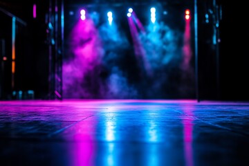 Neon Stage Lights Reflecting on Polished Floor