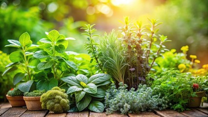 Fototapeta premium Aromatic herbs in a garden, plants, foliage, plants, foliage, nature, leaves, stems, greenery