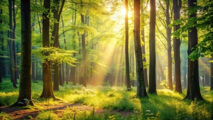 Sunlit forest with trees and foliage in soft focus