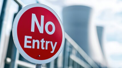 No entry sign in front of a nuclear power plant. Prohibition sign in unique setting.