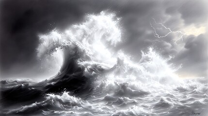 Fototapeta premium Dramatic monochrome depiction of a colossal wave resembling a horse during a stormy ocean.