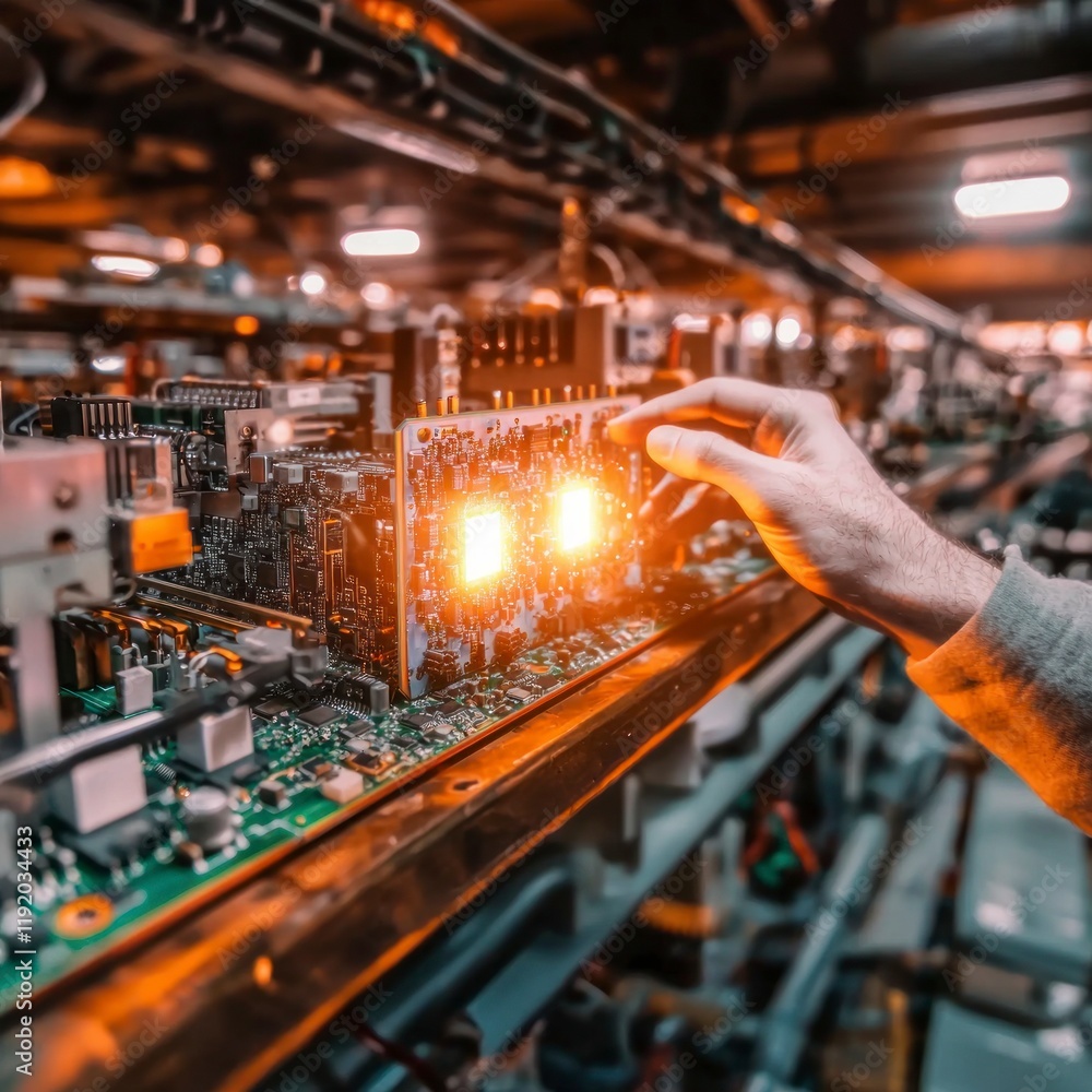 Poster high tech manufacturing close up of technician inspecting illuminated microchip circuit b