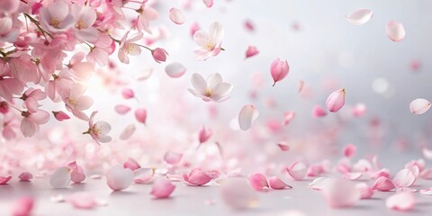 Soft pink sakura petals gently fall against a soft white background