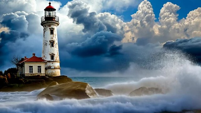 Stunning lighthouse stands tall against dramatic clouds and crashing waves along the rugged coastline