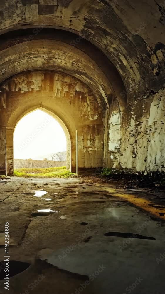 Poster light streaming through an ancient archway in a decaying stone building at dawn