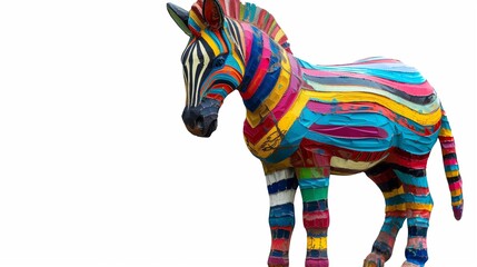 Obraz premium A colorful stone zebra statue, isolated and placed on a clean white background, showcasing fine detail.