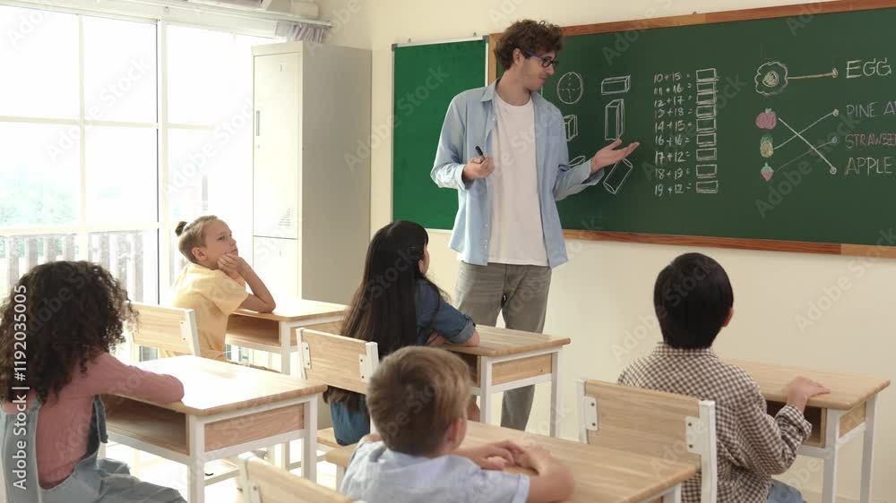 Poster caucasian teacher talking and explain about math theory at classroom while looking at student. smart