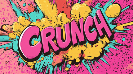 A bright pop art retro comic book style word CRUNCH in pink yellow blue