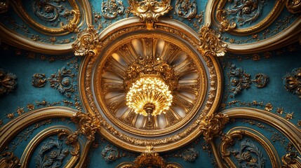 Obraz premium Opulent Gold and Teal Ceiling with Chandelier