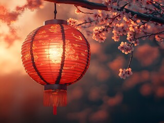 Obraz premium Red and gold lanterns glow warmly at dusk, surrounded by cherry blossoms in full bloom, evoking festive Chinese New Year vibes, perfect for celebration designs or auspicious decorations.