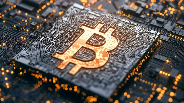 Bitcoin symbol surrounded by circuit patterns representing digital currency technology and innovation in modern finance