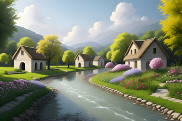 Beautiful and colorful illustration of a village with trees, flowers and peaceful sky, landscape, countryside, serene, tranquil, vibrant