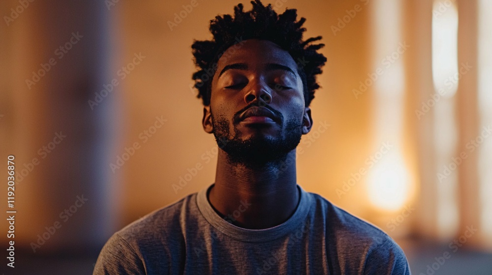 Aufkleber a diverse man practices mindfulness meditation in a serene studio, illuminated by soft lighting that