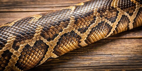 Obraz premium Scaly texture of a snake's skin on a wooden background, snake pattern