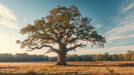 Fototapeta premium Majestic Oak Tree in Golden Meadow Sunrise