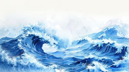 a watercolor painting of a large wave crashing into the shoreline in the ocean