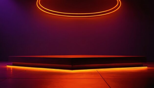 Neon light black podium on orange background.Neon Stage with Smoke and Blue Lights,display, glowing, minimal, neon, platform, presentation, product, light, modern, 324